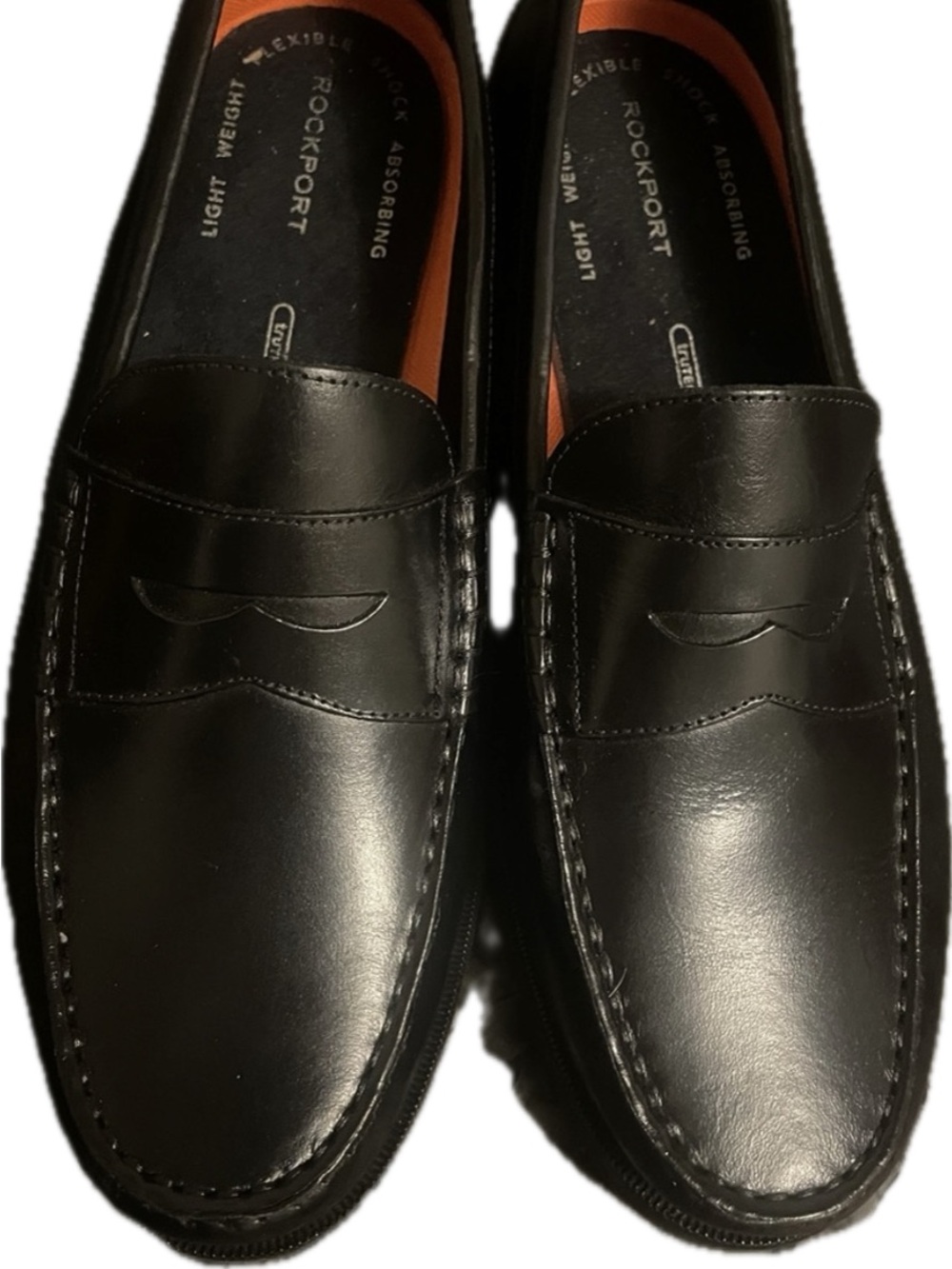 Sz. 11W - Rockport Black Leather Penny Loafers with Orange Insole Accents